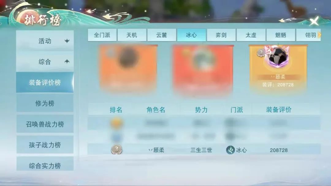 天下手游冰心门派装备评价榜排名截图